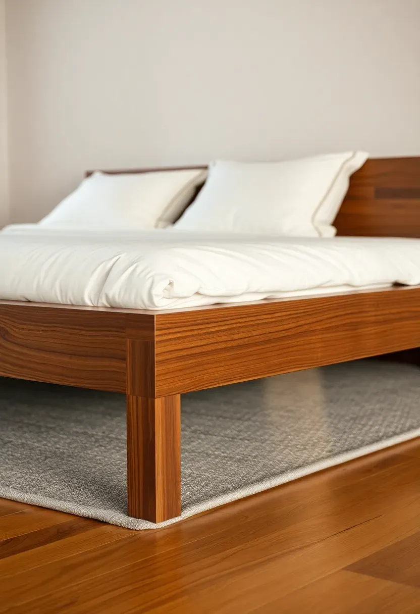 Hyper-realistic 3/4 view of low-profile platform bed frame in solid walnut wood with white linens. Materials: dark walnut wood with visible grain, white linen bedding, gray rug. Soft ambient light, warm neutrals palette, luxurious minimal mood. Sharp focus on wood finish and joinery, visible hardwood floor. No text, no logos, no watermarks.</p>