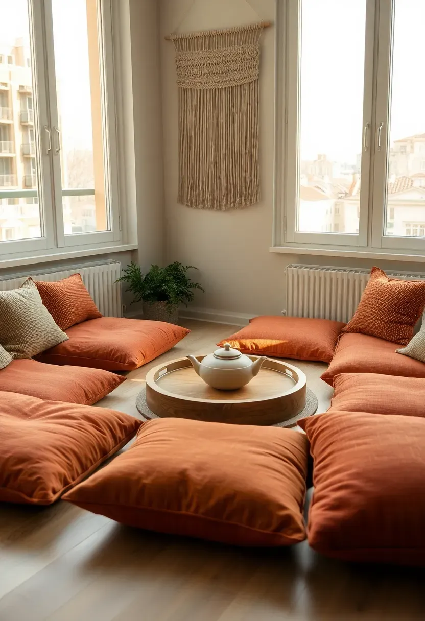 Apartment sunroom floor covered with modular square cushions in earthy tones arranged in an L-shape, a low round wooden tray table in the center holding a teapot, and a woven wall hanging visible above