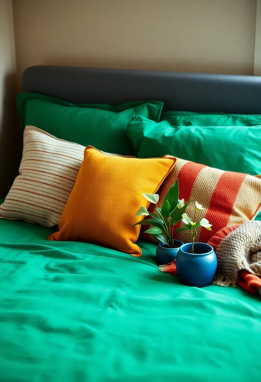 bold colorful dorm room with emerald bedding mustard yellow desk accessories and mix of patterned pillows