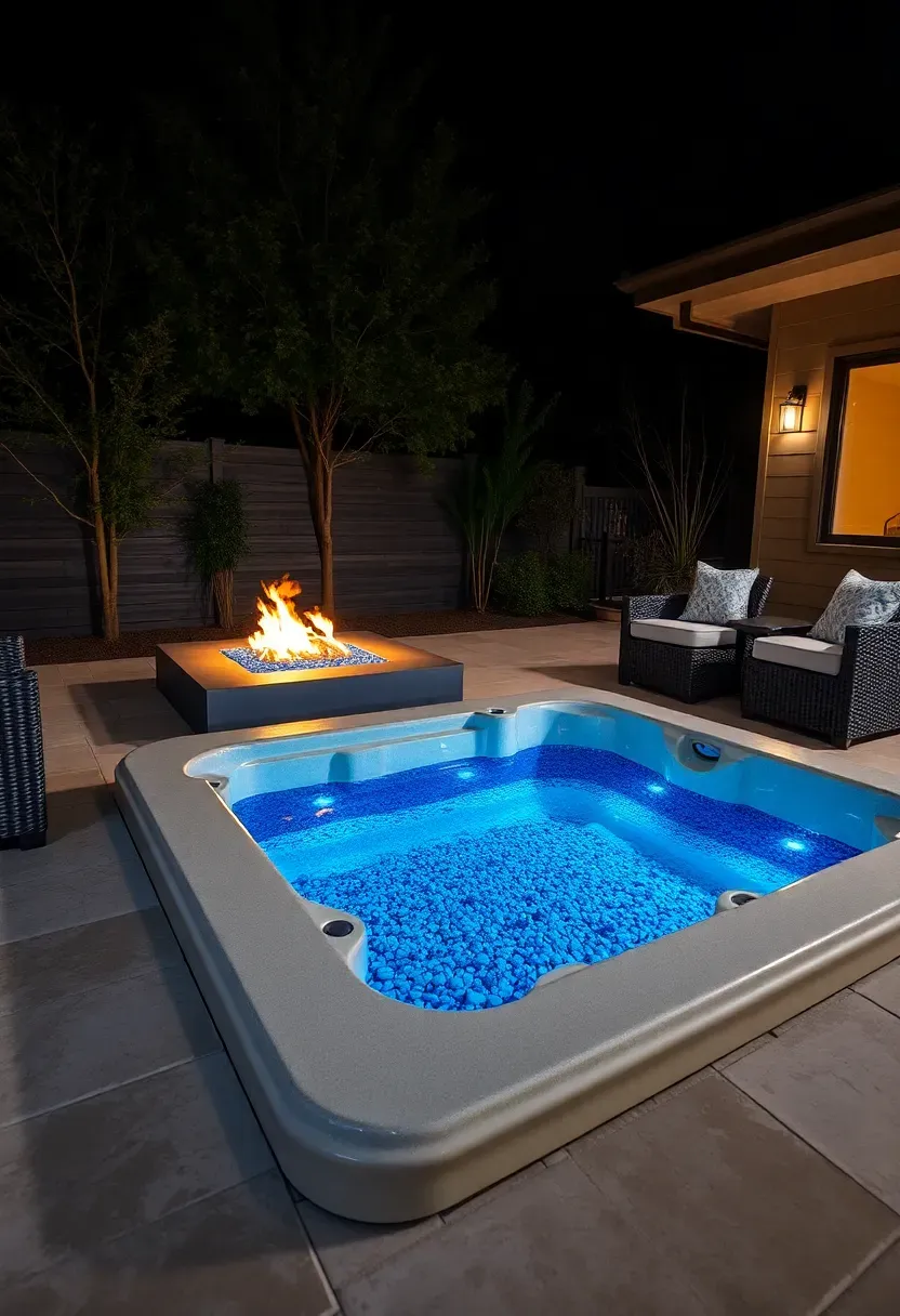 A modern patio with a rectangular hot tub beside a linear gas fire pit with blue glass media and low modern seating around both