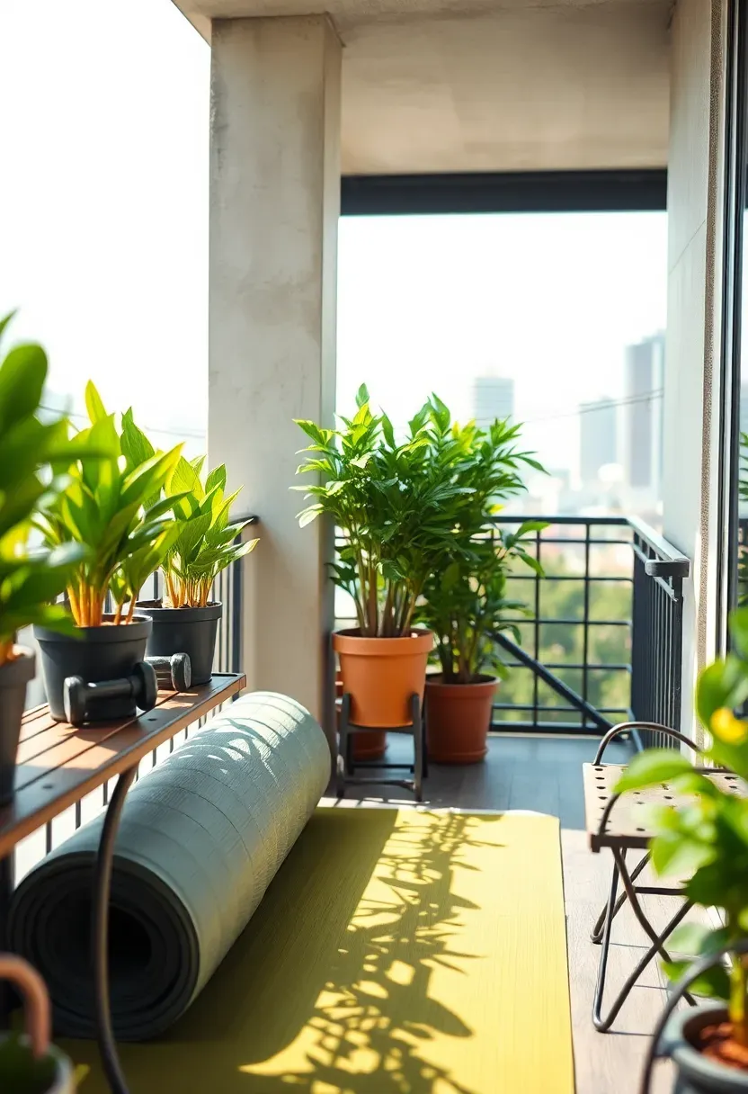 Small apartment balcony converted into an open-air fitness area with weather-resistant yoga mat, resistance bands hanging on a hook, and potted plants for privacy