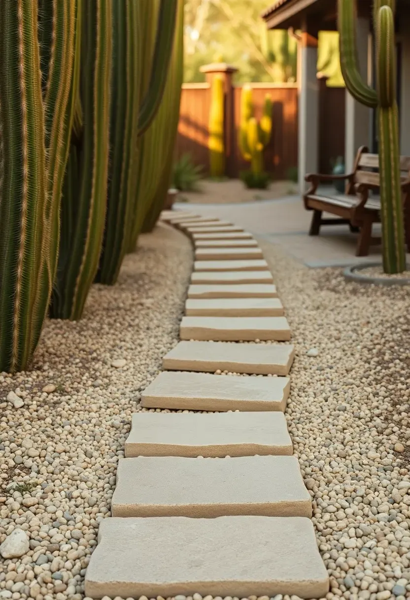 Winding stepping stone path through pea gravel in an Arizona backyard with barrel cactus lining both sides and a shaded seating area at the end