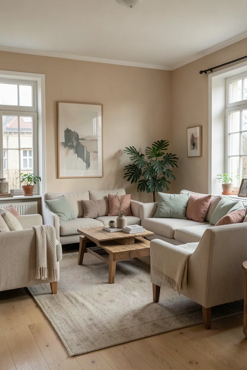 Cohesive natural color palette in a vintage Scandinavian living room — warm beige, sage green, cream, and soft terracotta tones