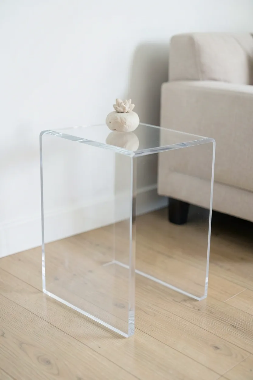 Clear lucite accent chair next to a compact sofa maintaining visual openness in a tiny Nordic living room