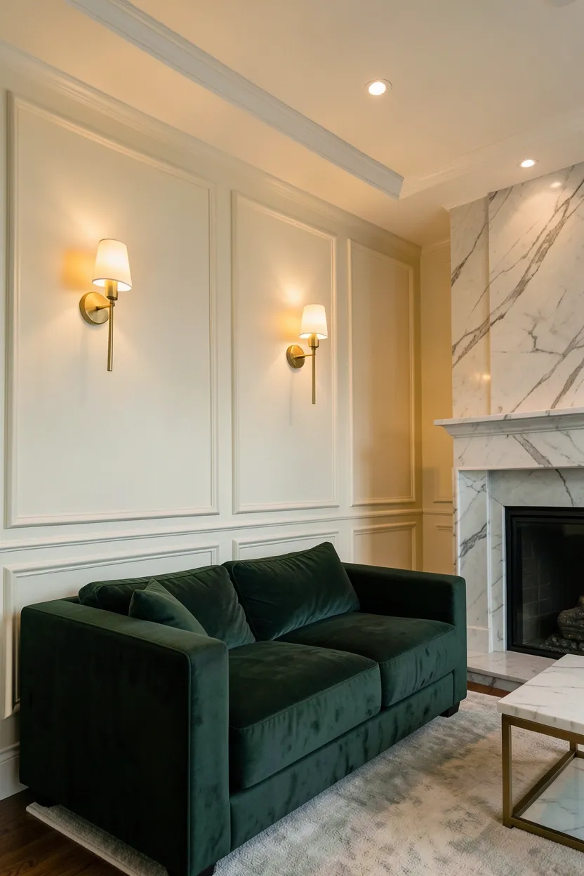 Warm taupe living room with vertical shiplap accent wall and grasscloth texture creating depth behind a neutral linen sofa