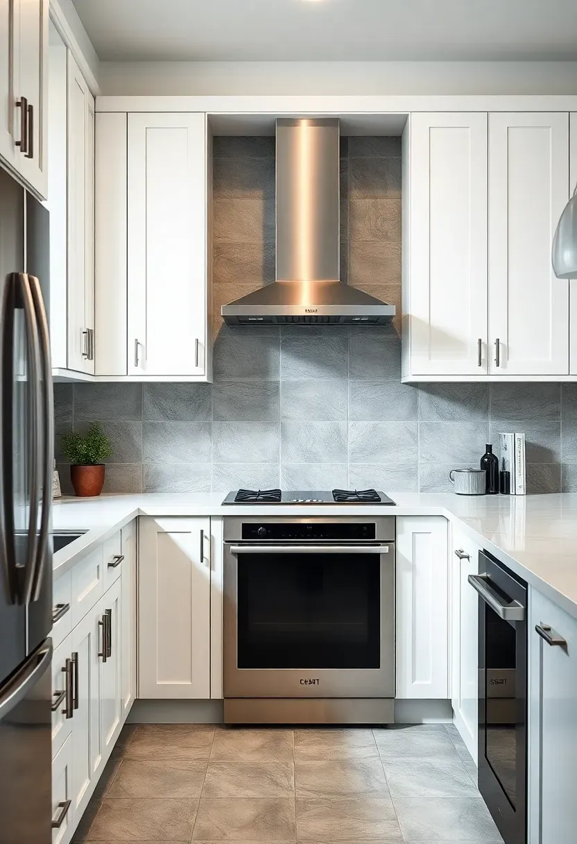 concrete-look gray porcelain tile backsplash with industrial texture in a modern white kitchen with stainless steel appliances