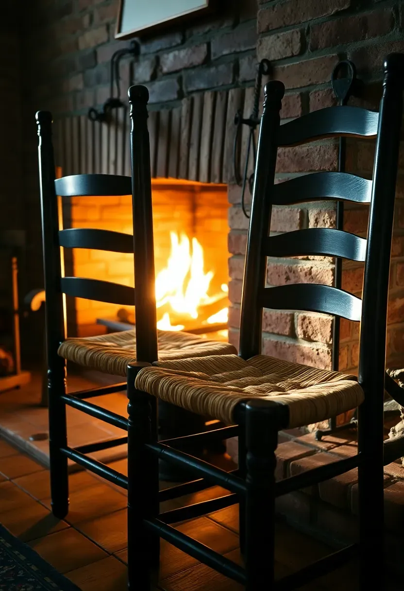 pair of ladder-back chairs with woven rush seats beside a colonial hearth