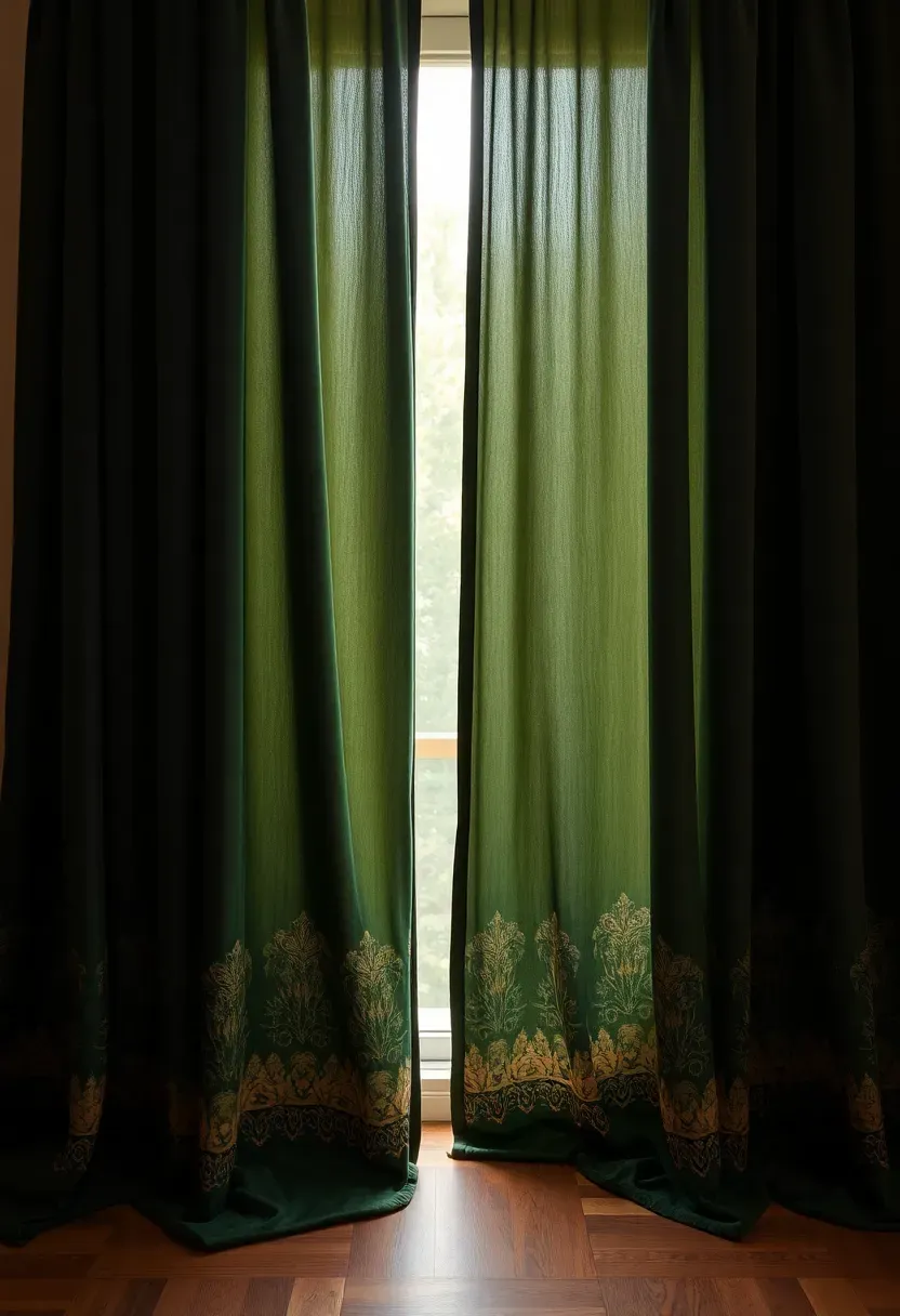 Flowing Art Nouveau drapery in silk and velvet with botanical border pattern pooling to the floor