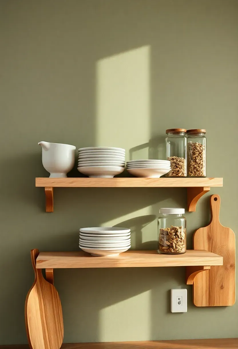 kitchen wall painted lichen green behind open wooden shelving with white ceramics and glass jars