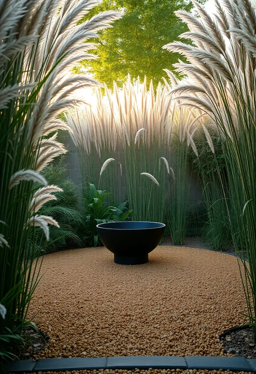 A backyard with dense ornamental grass borders of miscanthus and fountain grass framing a central gravel patio area, seed heads catching warm late afternoon light