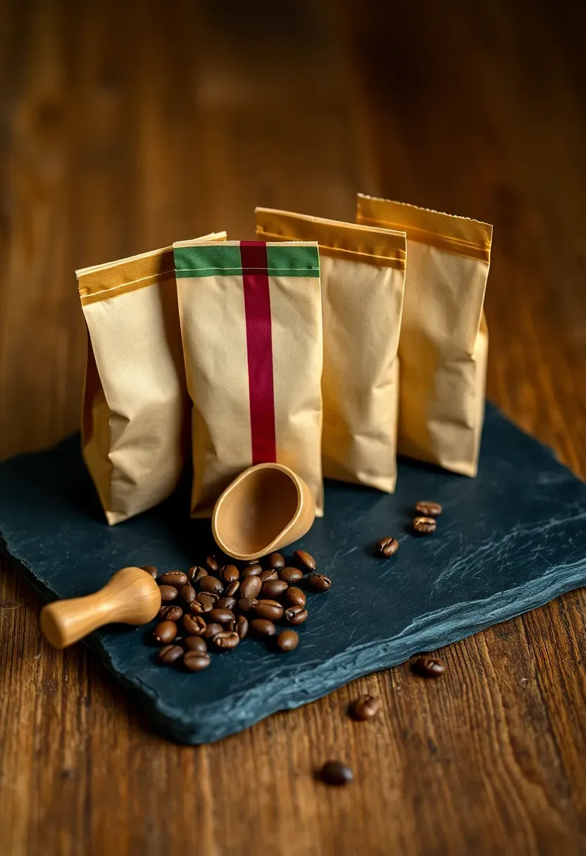artisan coffee sampler with small kraft paper bags of different roasts and a wooden scoop