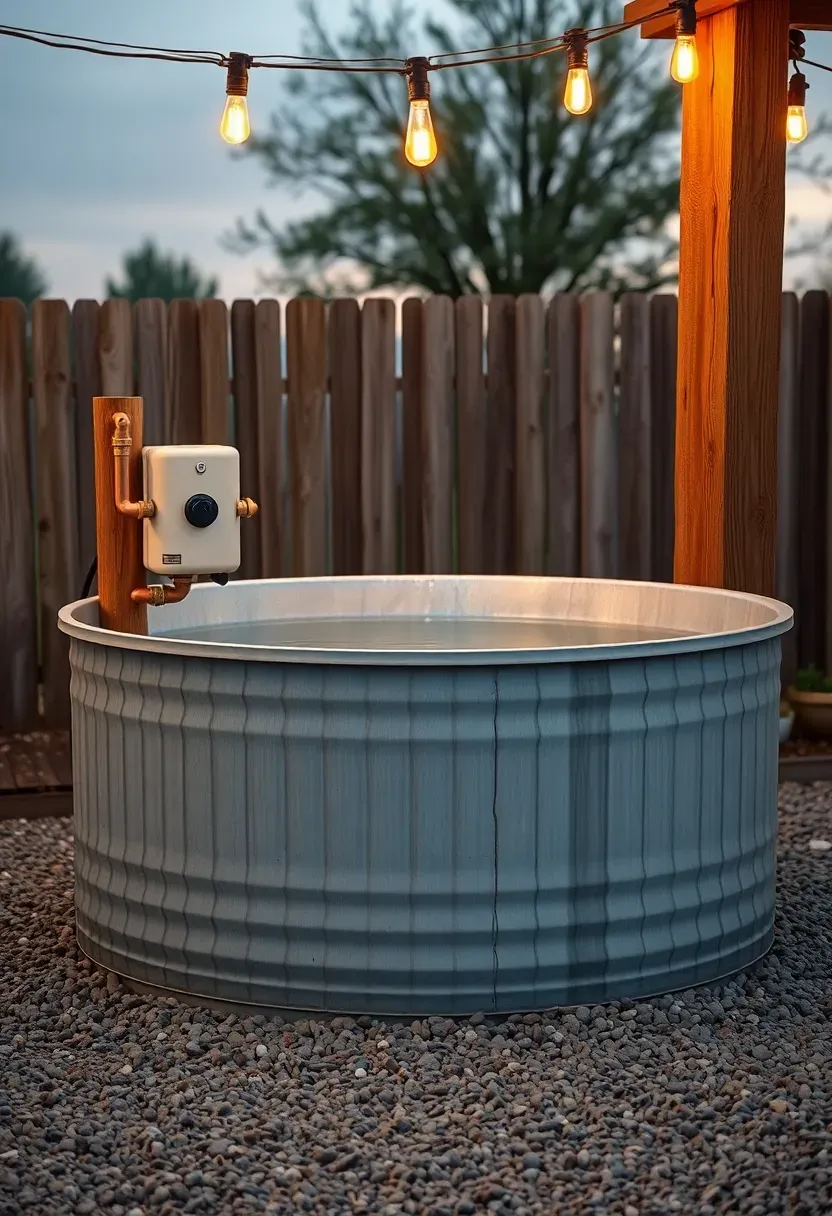A galvanized stock tank converted into a hot tub with a propane heater attached on the side sitting on a gravel pad with string lights above