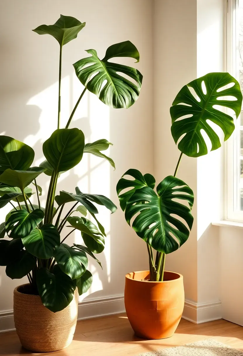 large floor plants in a sunroom including fiddle leaf fig and monstera beside a chair