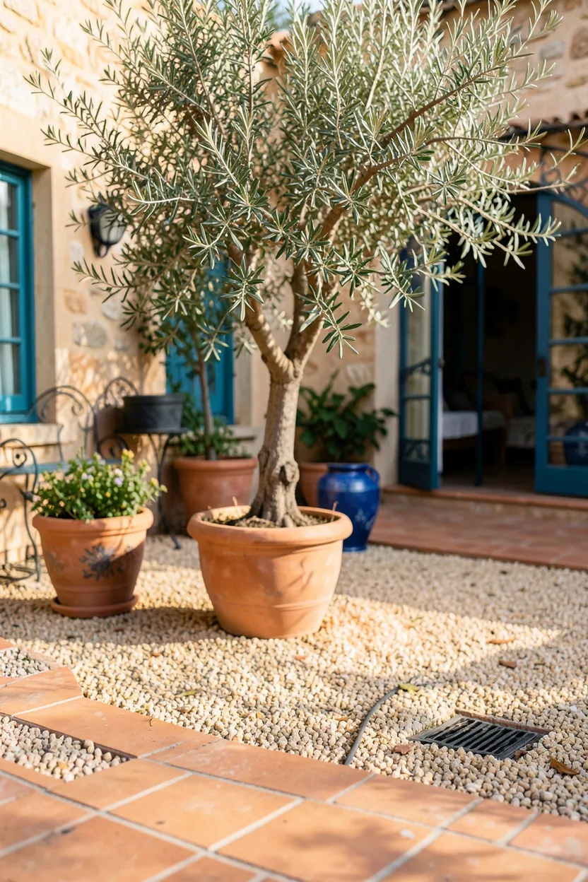 Pea Gravel Patio with Mediterranean Influence