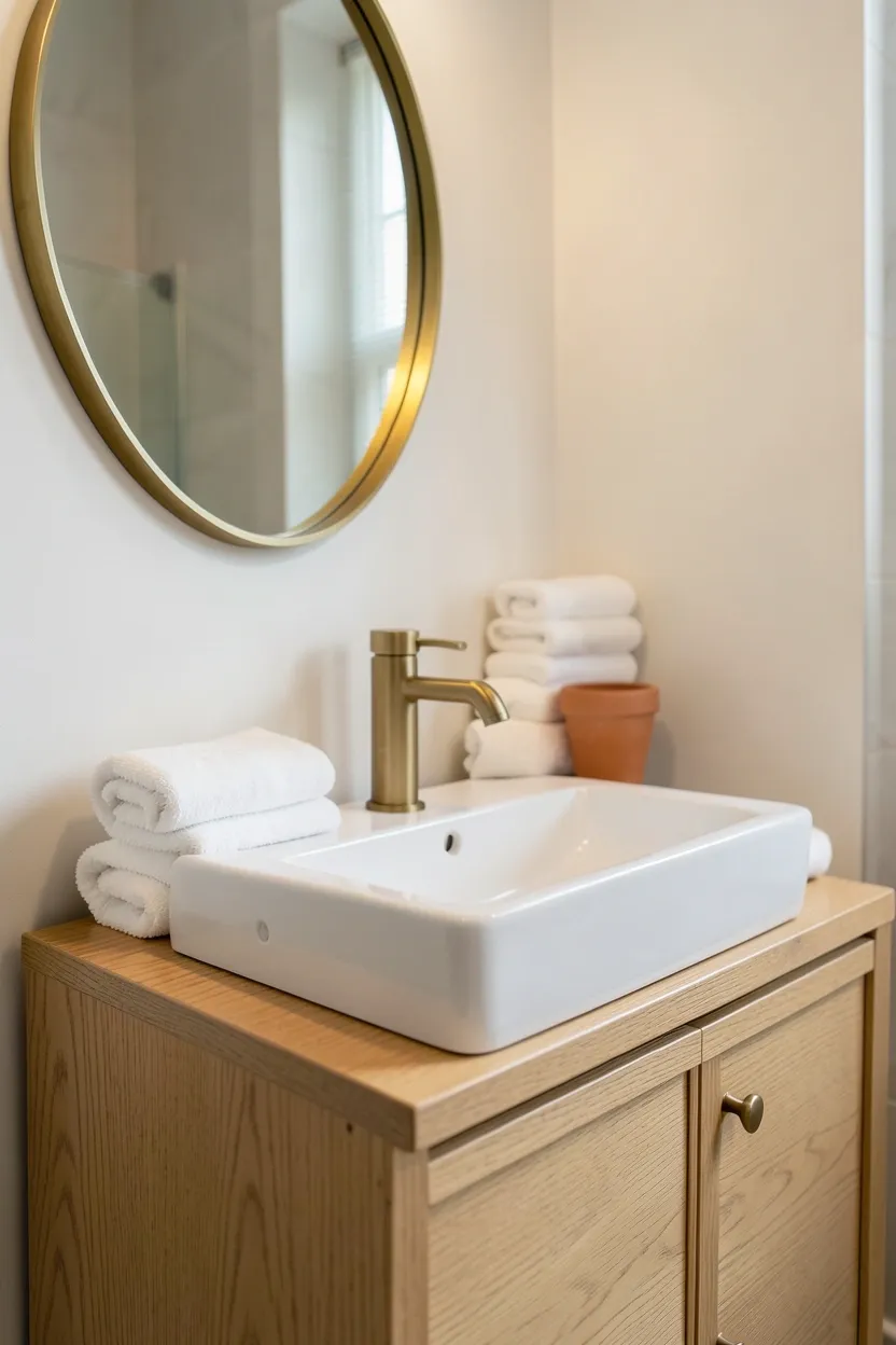 Light oak floating vanity with open wooden shelves, folded towels in woven baskets, and warm beige wall tiles — natural wood aesthetic bathroom