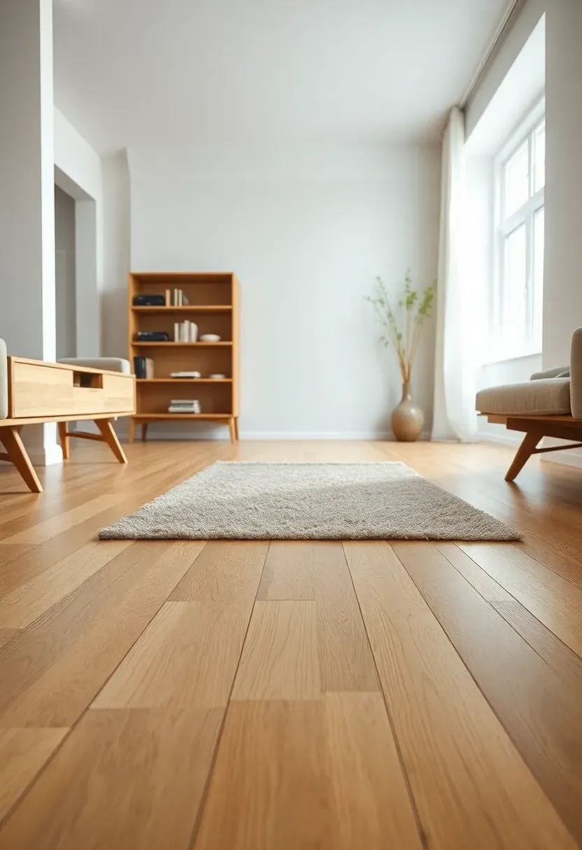 Hyper-realistic low-angle view of light oak hardwood flooring extending through minimalist family living area, showing clean surface with small rug, simple modern furniture legs visible. Materials: white oak hardwood, matte factory finish, wool area rug. Natural light from windows, reflecting slightly on clean floor. Expansive feeling. Sharp details in wood grain. No text, no logos, no watermarks.</p>
