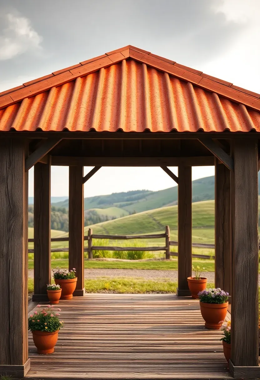 A gazebo built from weathered reclaimed barn wood with visible mortise joints, a rustic metal roof, wildflower planters at the base, in a rural backyard setting with rolling hills behind
