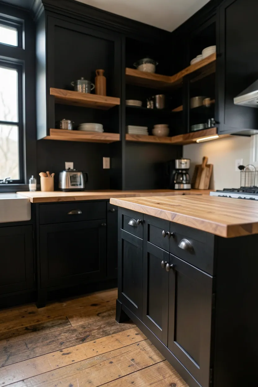 Black Kitchen With Wood Accents