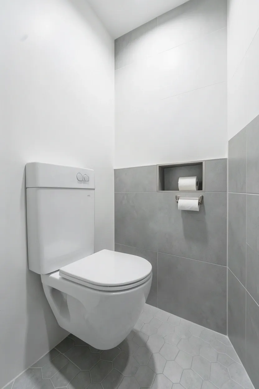 Wall-mounted toilet with concealed tank and hexagon floor tiles in a small minimalist modern bathroom