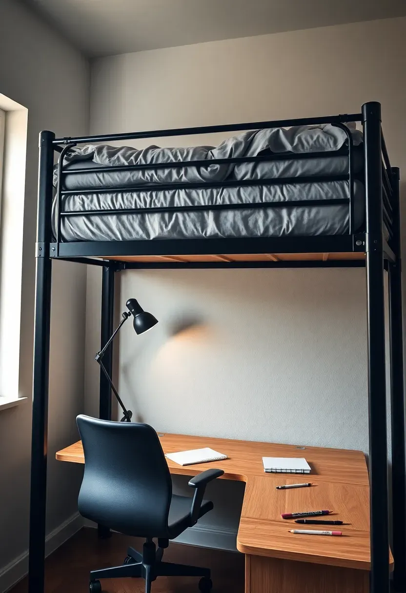 Industrial-style loft bed with black metal frame and a built-in study desk underneath in a boy bedroom