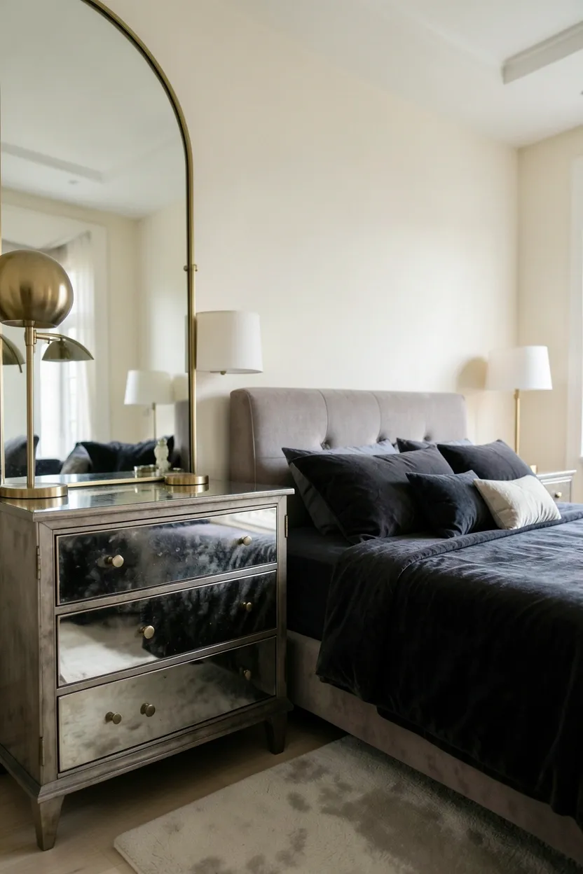 Mirrored glass dresser and nightstands reflecting natural light in a glamorous modern luxury bedroom