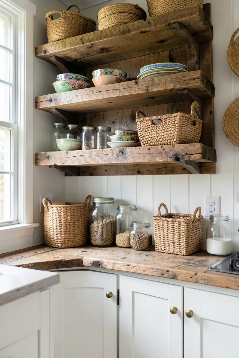 Hyper-realistic eye-level photograph of a boho kitchen with distressed wood floating shelves. The shelves are reclaimed oak with visible grain patterns, knots, and worn edges showing their distressed character. The shelves hold colorful ceramic dishes, glass jars, and woven baskets. Below, white shaker cabinets with brass pulls. Natural light streaming through window. Materials: reclaimed oak, colorful ceramics, glass, natural rattan, white painted wood, brass. Rustic and character-filled boho mood. Sharp focus on the wood distressing and shelf details. No text, no logos, no watermarks.</p>