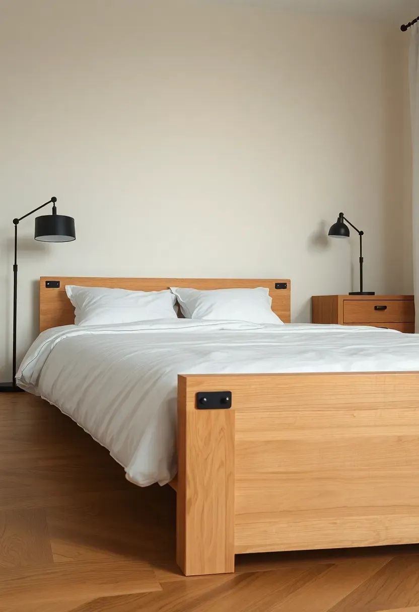 Hyper-realistic 3/4 view of a minimalist bedroom combining light oak wood with black metal accents. Materials: light oak platform bed with black metal corner brackets, black metal floor lamp with simple shade, black metal curtain rod, oak nightstand with black drawer pull. White bedding, cream walls, oak floor. Soft diffused light emphasizing contrast between warm wood and black metal. Clean uncluttered space. Sharp details on metal-wood junctions foreground.</p>