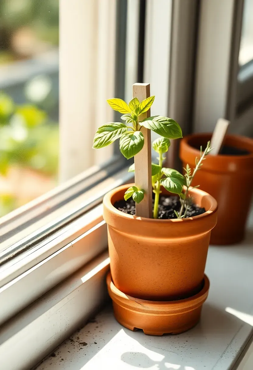 small terracotta pot with a basil seedling and a custom plant stake reading let love grow