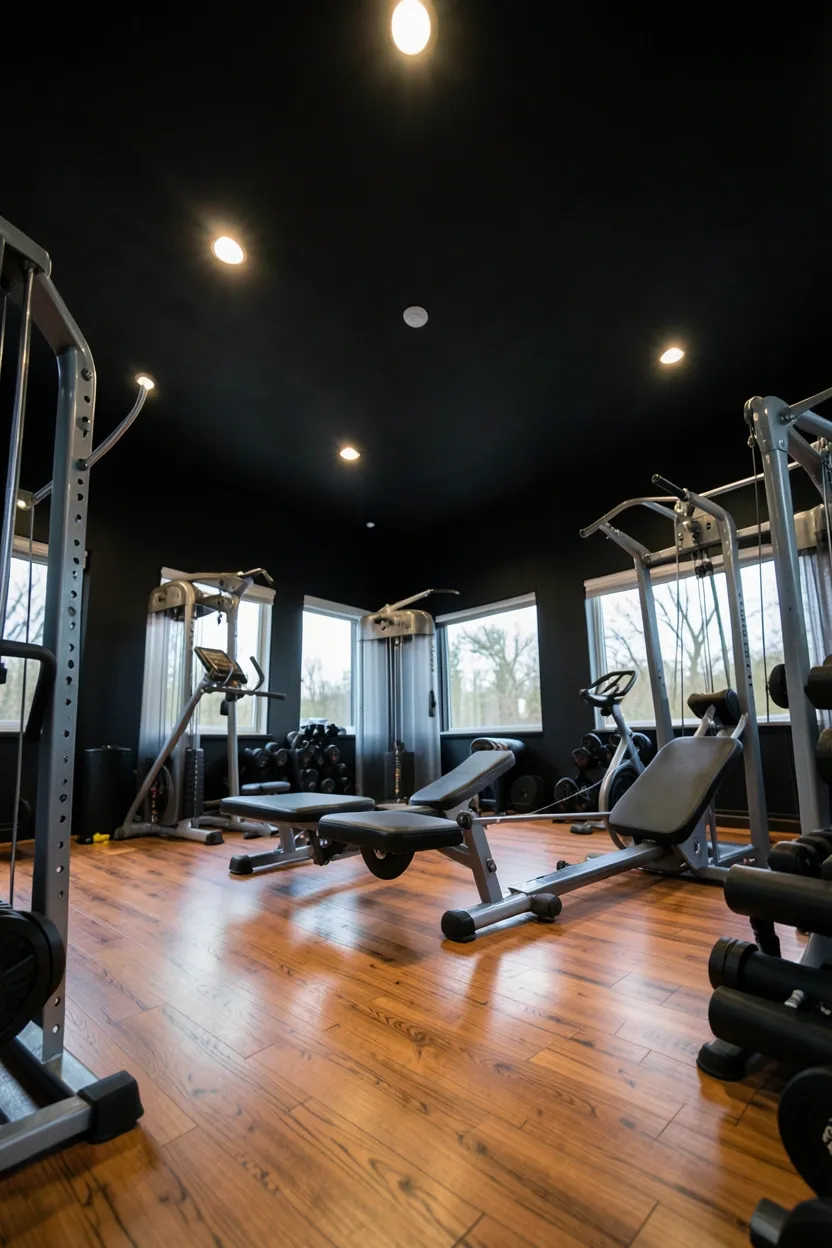 Home gym with dramatic flat black painted ceiling and warm hickory hardwood floor, wall-mounted lighting preserving the dark ceiling aesthetic