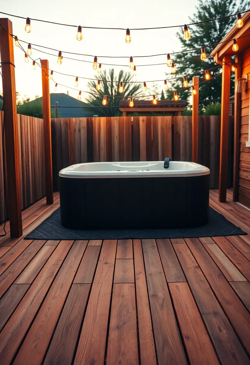 A simple low-budget deck made from reclaimed pallet wood around a portable swim spa with string lights overhead