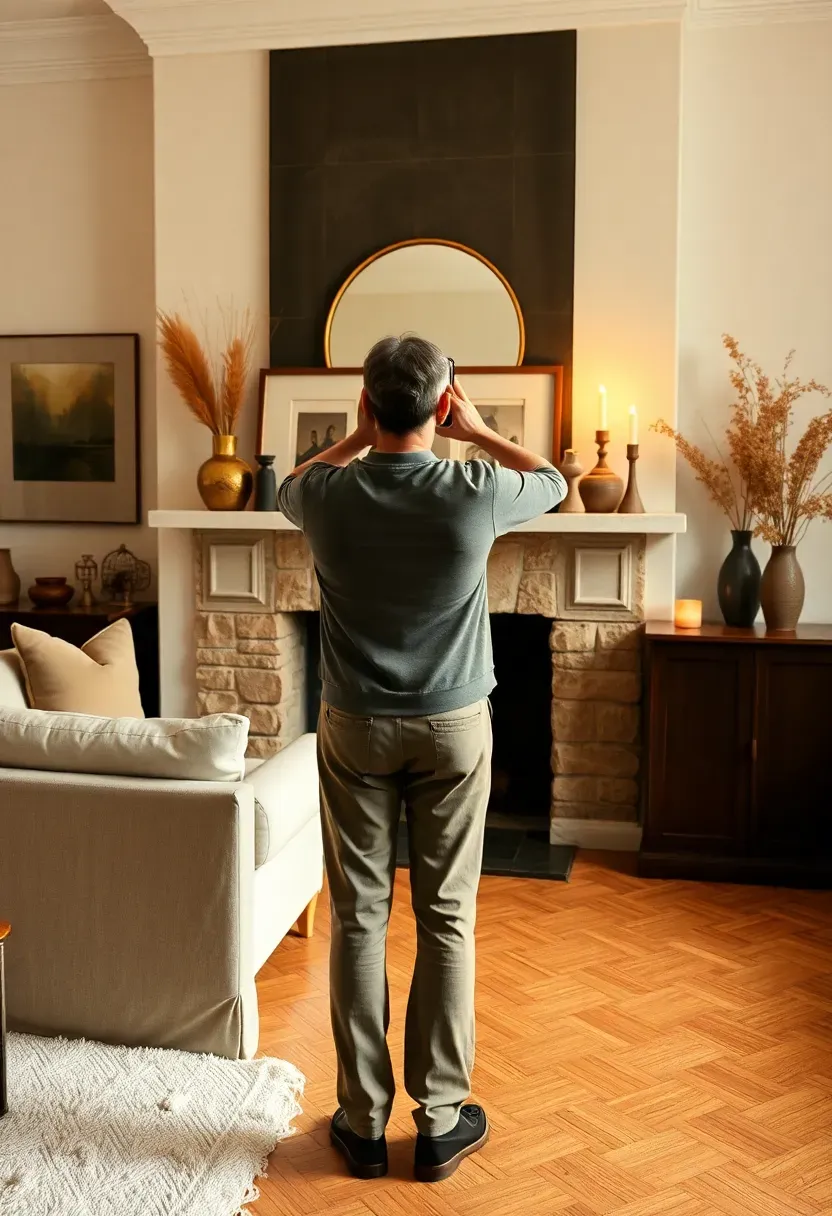 Person standing back from a fully styled mantle in a living room — viewing the complete display from across the room, warm evening light, the mantle arrangement reflected softly in the mirror above