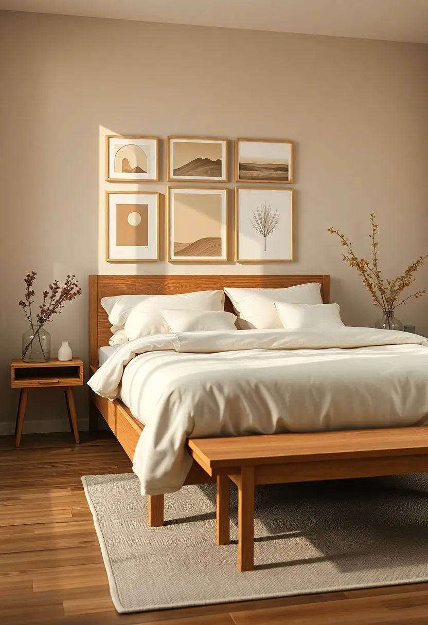 Warm beige gallery wall above bed