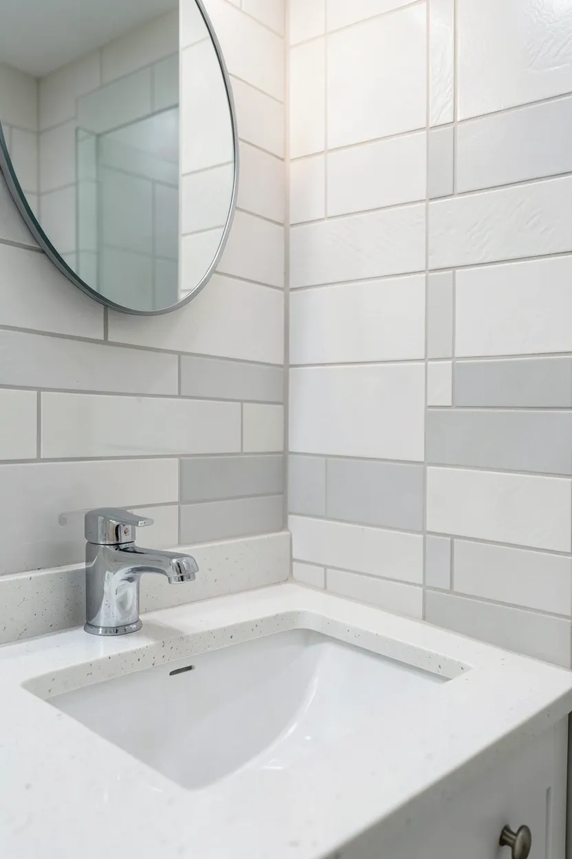 Matte black towel bar and cabinet pulls replacing chrome builder-grade hardware on a white bathroom vanity