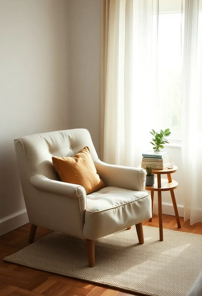 Hyper-realistic 3/4 view of a serene bedroom reading nook showing comfortable armchair in soft neutral fabric, small wooden side table with reading lamp and stack of three books, window with light filtering through sheer curtains, small potted plant, layered rug under chair. Materials: linen upholstery, light oak wood, cream wool rug, green plant, white walls with subtle texture. Soft peaceful light creating inviting reading atmosphere. Visible wall space and negative space preventing visual clutter. Kinfolk magazine lifestyle photography style. No text, no logos, no watermarks.</p>
