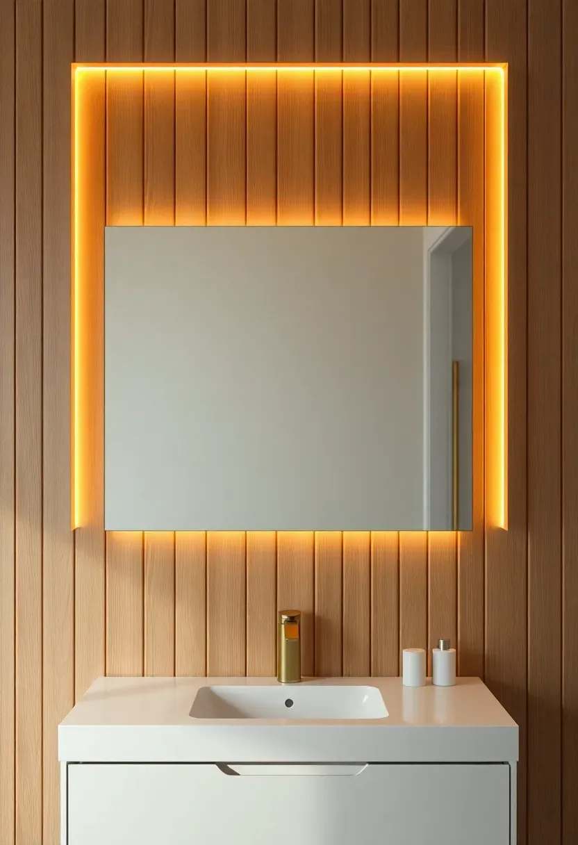 Vertical wood slat accent wall in natural oak behind a bathroom mirror with warm indirect LED lighting at the edges