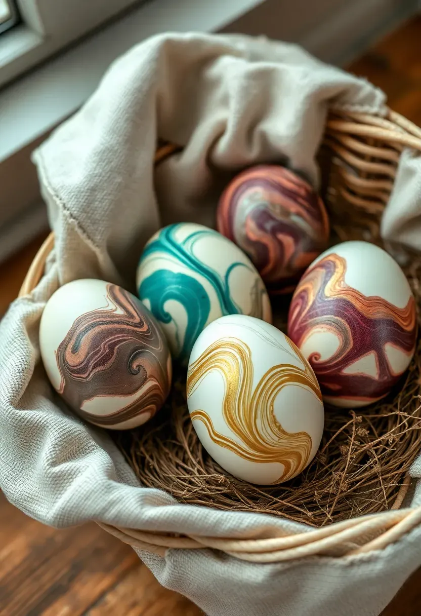 marbled Easter eggs created with silk fabric dye technique showing swirling jewel-tone patterns