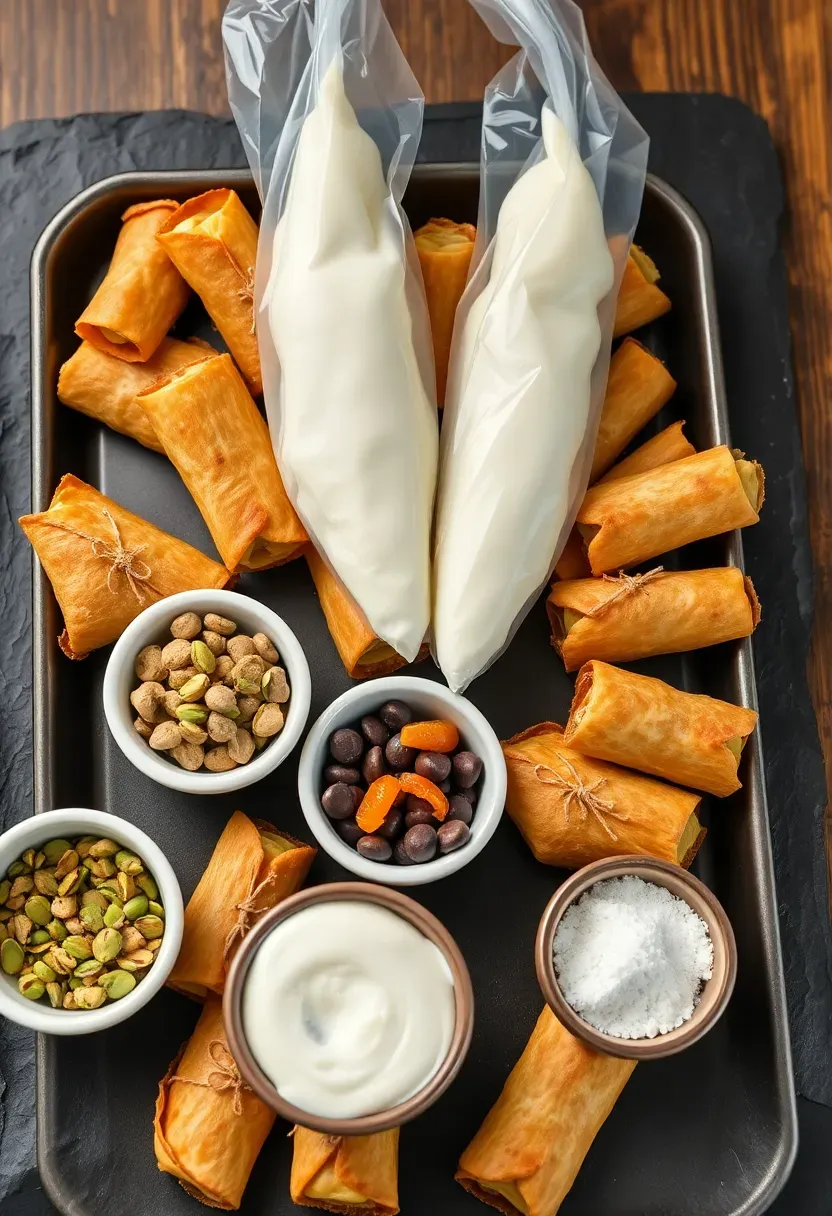 build your own cannoli bar with empty cannoli shells bowls of ricotta filling chocolate chips pistachios and candied orange peel