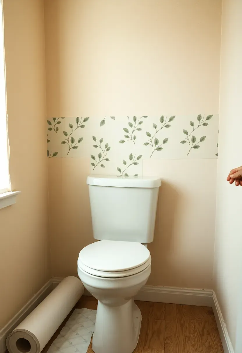 Hands smoothing a strip of botanical peel-and-stick wallpaper onto a rental bathroom wall behind the toilet, with soft natural light from the left — a no-damage renter-friendly surface refresh
