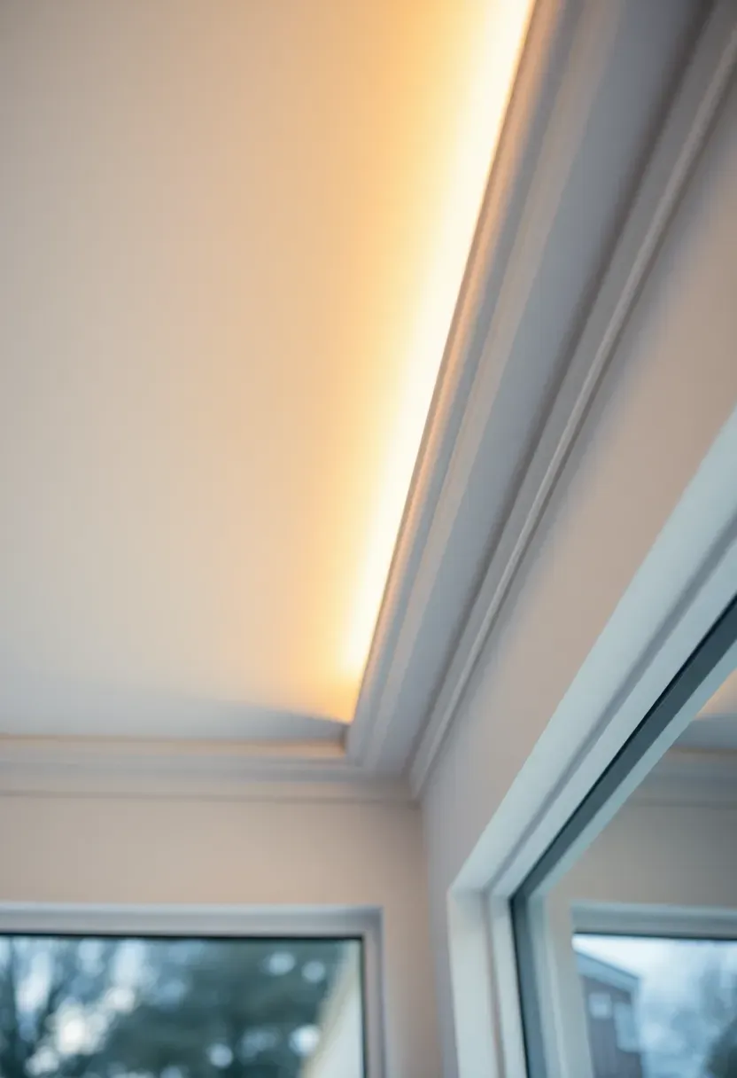 Subtle warm-white LED strip light recessed along the sunroom ceiling perimeter casting an indirect upward glow in early evening with clean modern architecture