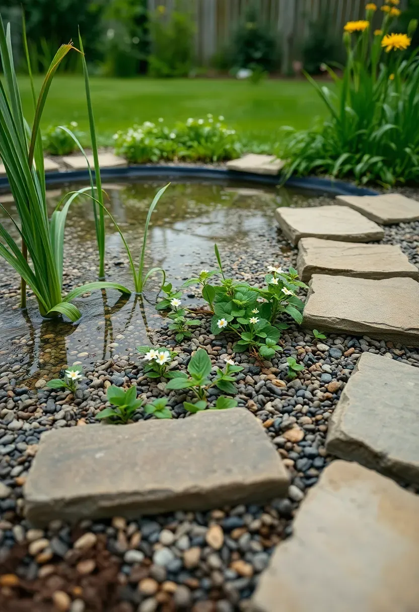 Shallow wildlife bog pond with native sedges, water mint, and flat stepping stones around the perimeter