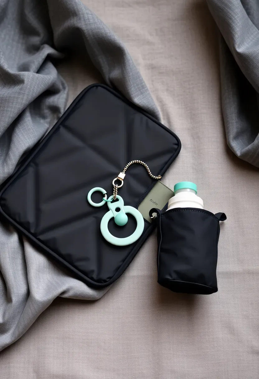 on-the-go baby travel gift bundle with compact diaper bag changing pad pacifier clip and portable bottle warmer arranged on a gray backdrop
