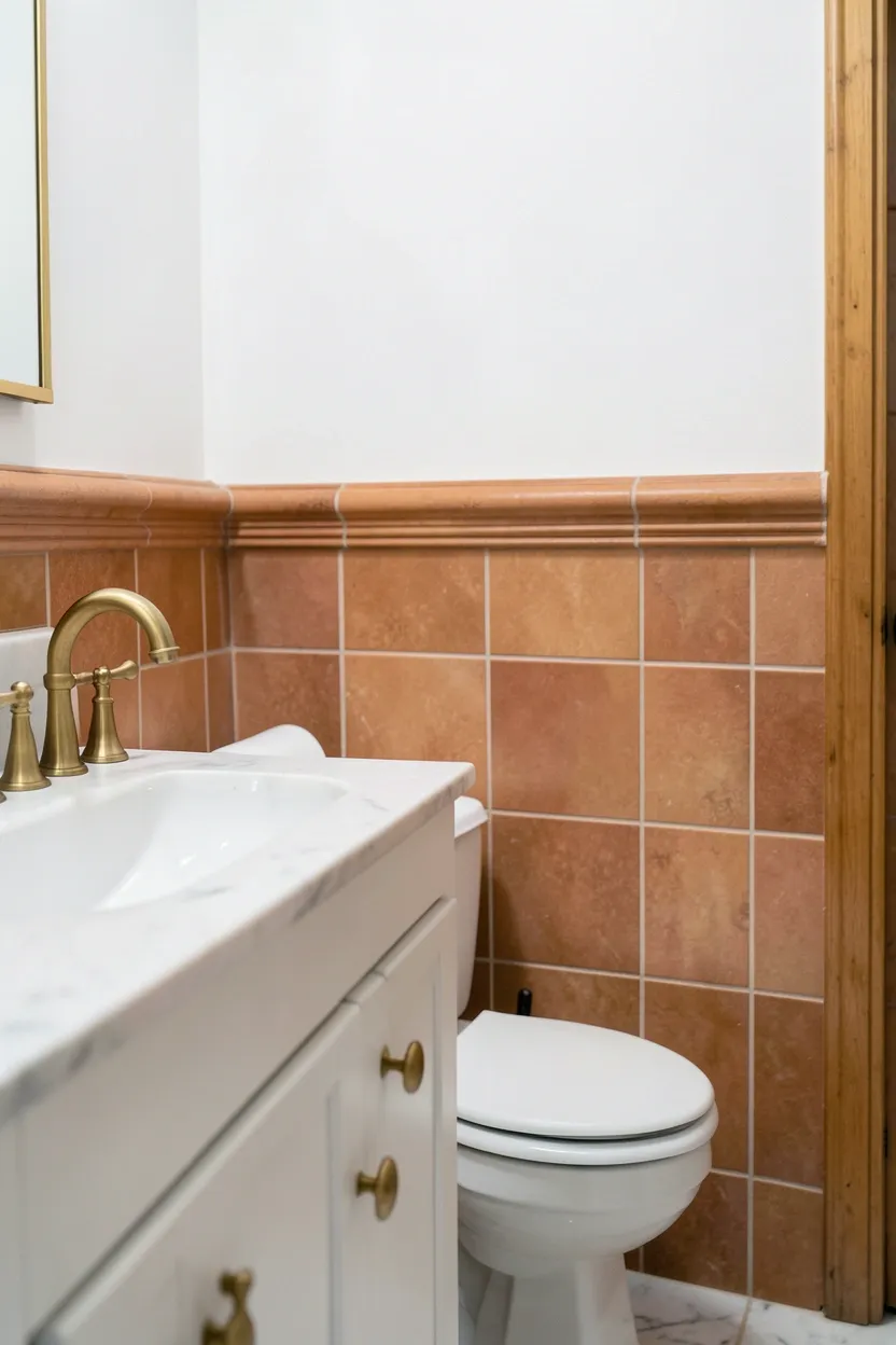 Terracotta bathroom tiles with unlacquered brass faucet, towel bar, and sconce on cream walls