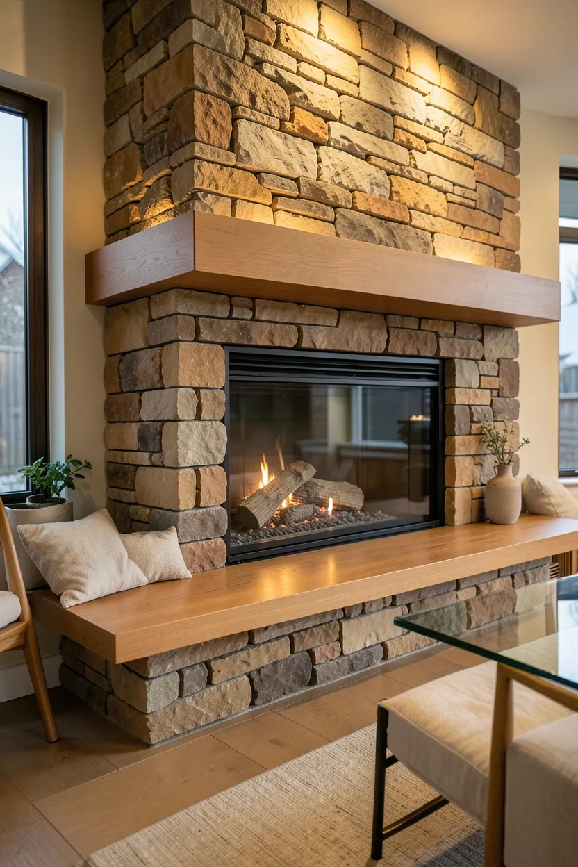 Natural stone fireplace with sleek concrete mantel and minimal hearth in a cozy modern rustic living room