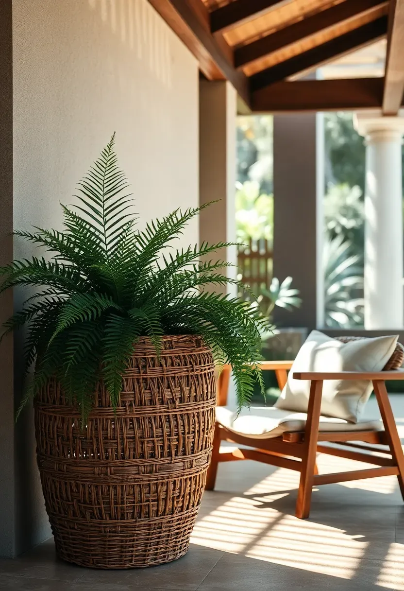 Large woven rattan basket planter with a lush fern spilling over the rim on a covered patio beside a wooden chair