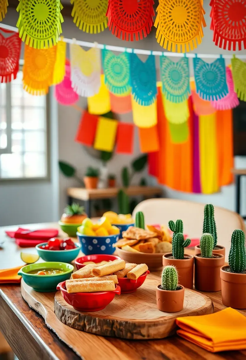 taco bout a baby fiesta themed shower with colourful decorations and Mexican food spread