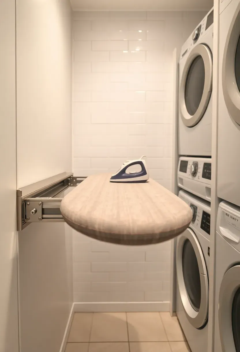 Built-in ironing board sliding out from a narrow drawer beside a stacked laundry setup in a modern white laundry room