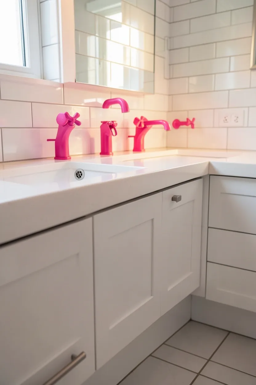 Hyper-realistic eye-level photograph of a modern colorful bathroom featuring vibrant pink widespread faucet with cross handles, matching drain cover, white quartz countertop, white vanity cabinet, white subway tile walls. Natural light reflecting off pink. Materials: vibrant pink metal fixtures, white quartz, white wood, white ceramic tiles. Vibrant pink fixture accents. Soft warm color pop. Clean modern aesthetic. No text, no logos, no watermarks.
