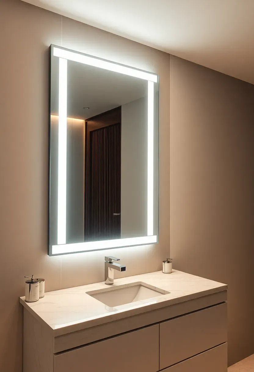 Smart bathroom mirror with touch controls, built-in LED lighting, and defogging technology mounted above a modern luxury vanity