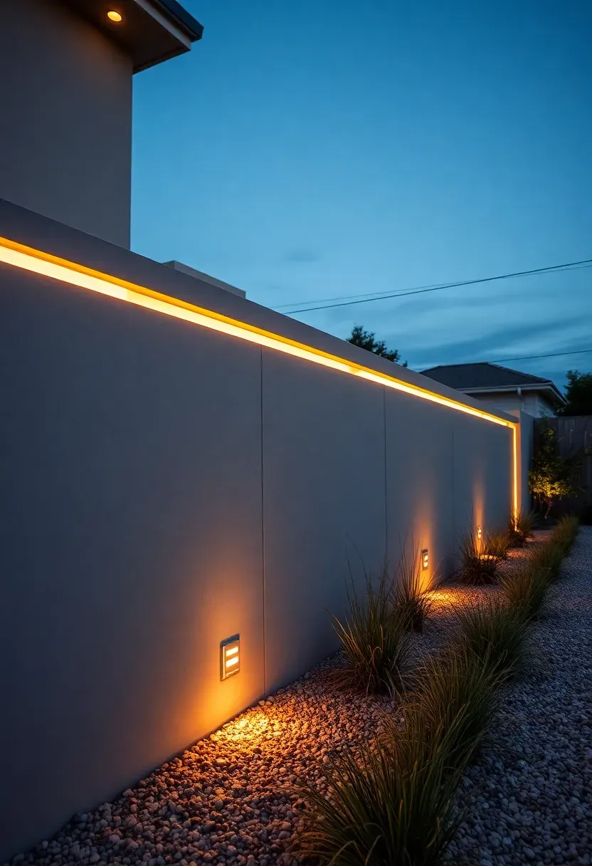 Smooth poured concrete retaining wall with a modern flat cap and built-in LED strip lighting in a minimalist backyard at dusk