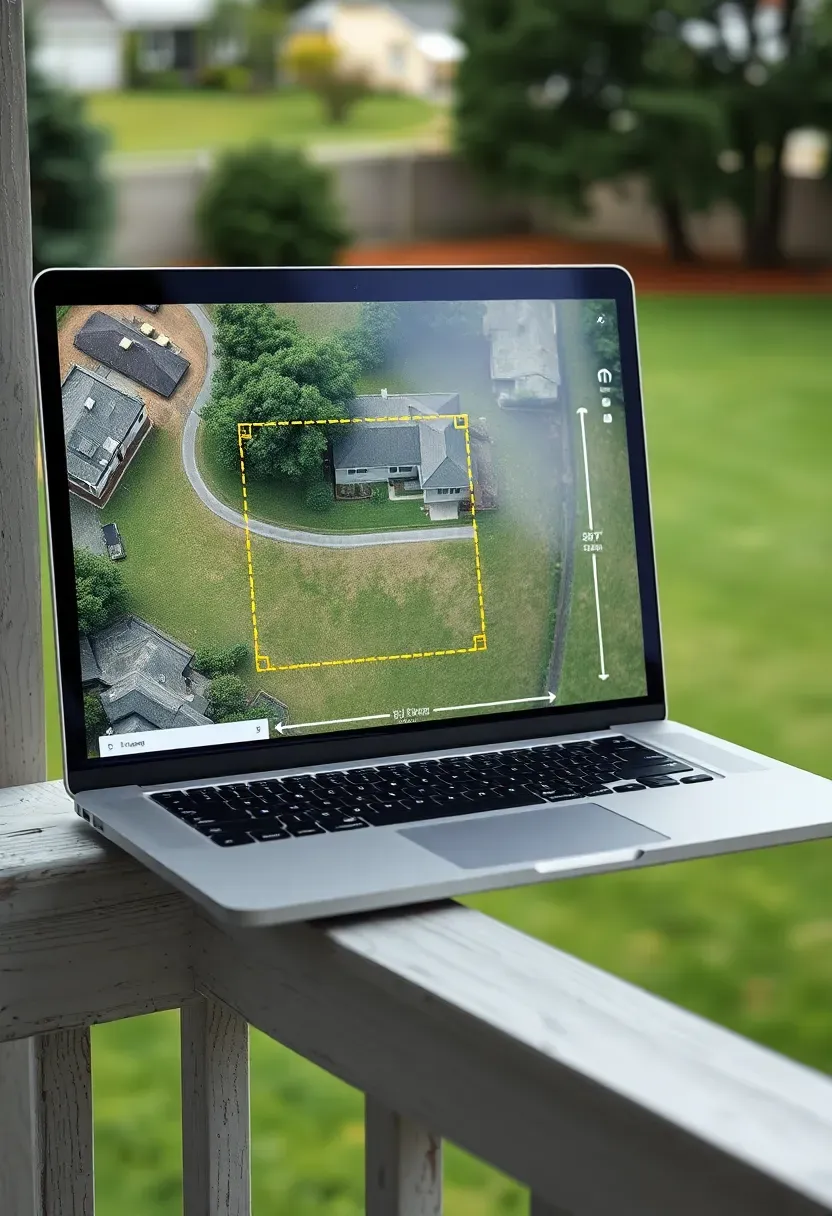 Google Earth Pro satellite view of a residential property with property lines marked and measurement tools showing backyard dimensions